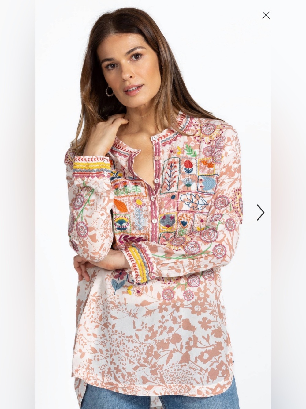 Johnny Was Women's Sheer White Embroidered Floral Zinnia Front Tunic  Size Small